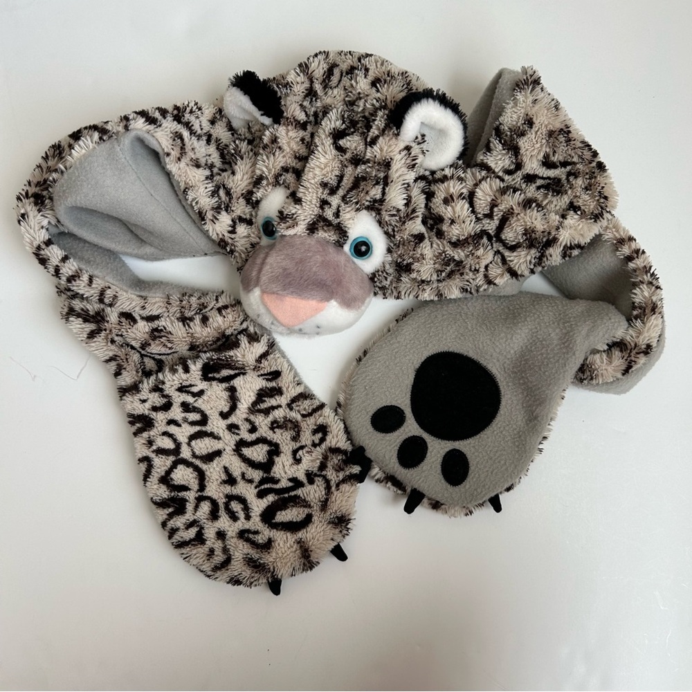 Leopard Fur Face Pattern Hat Long Scarf Sides Pockets & Paw Prints